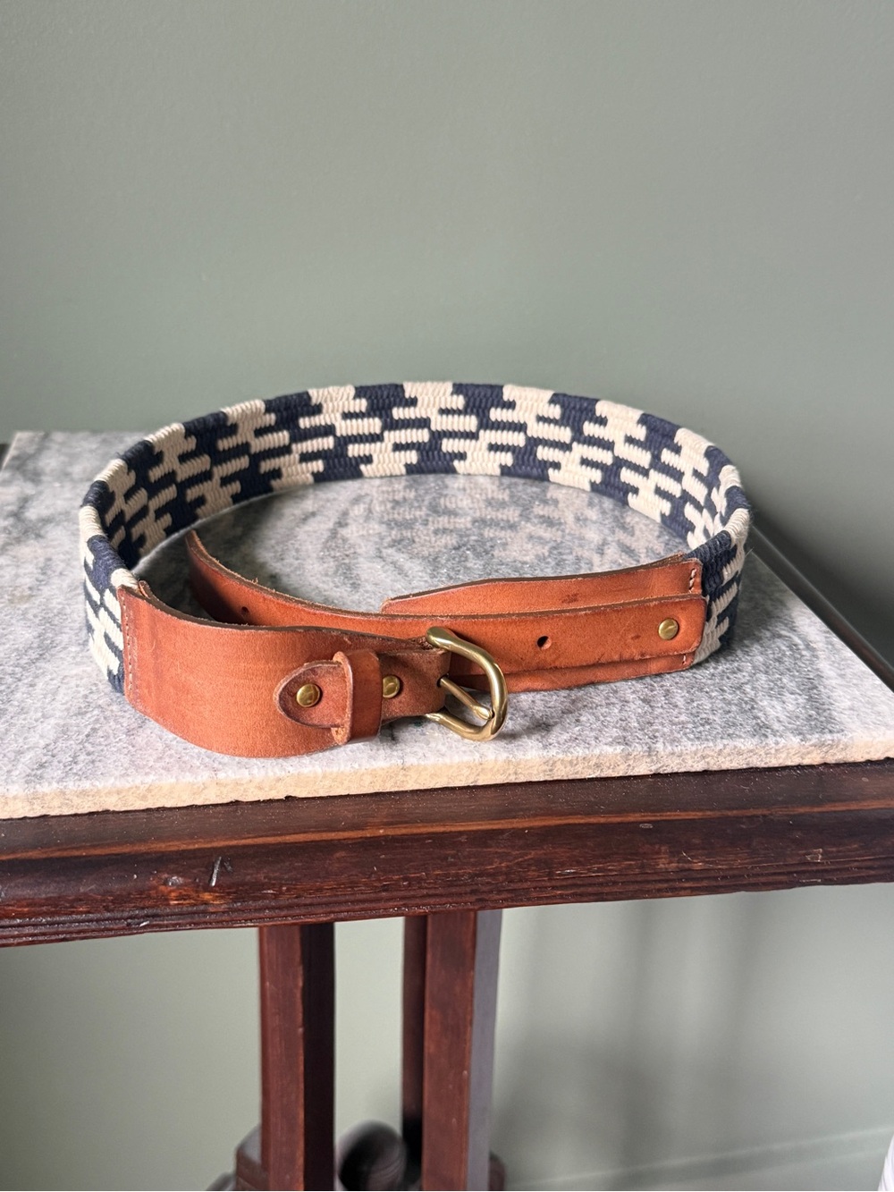 J. Crew - High Waist Woven Navy & Cream Belt with Brown Leather Trim - Size S/M